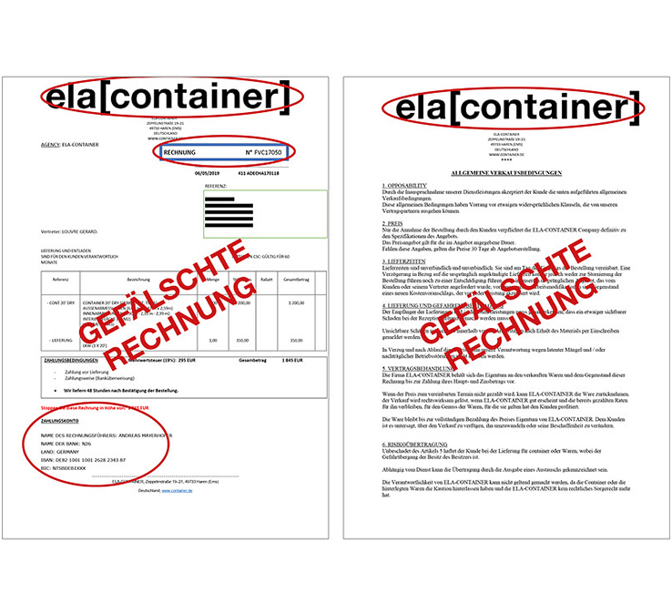 ELA Container - Falsche Rechnungen im Umlauf