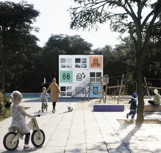 Außenansicht einer Kitaanlage mit Spielplatz