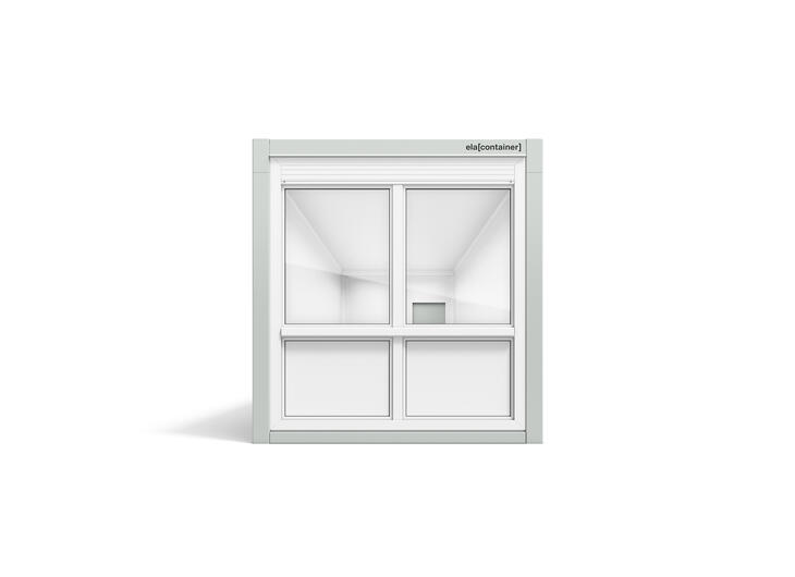 Leichtbaucontainer nach Maß in 12 × 3 m Frontansicht mit Fenster