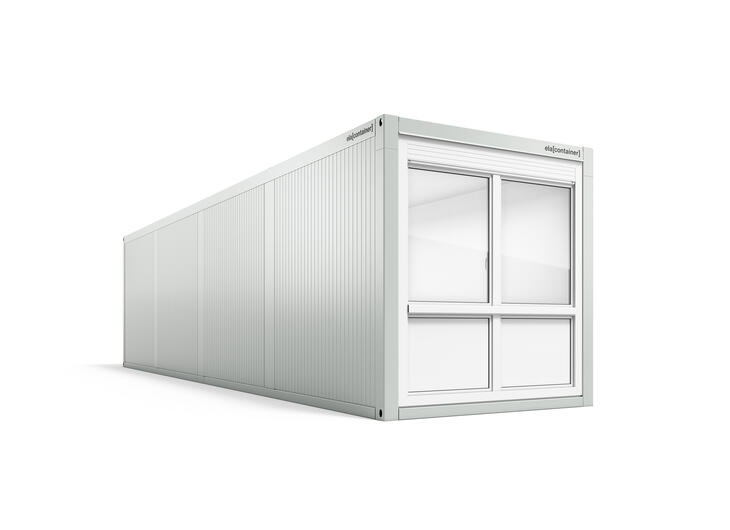 Leichtbaucontainer nach Maß in 12 × 3 m Seitenansicht Schräg Fenster