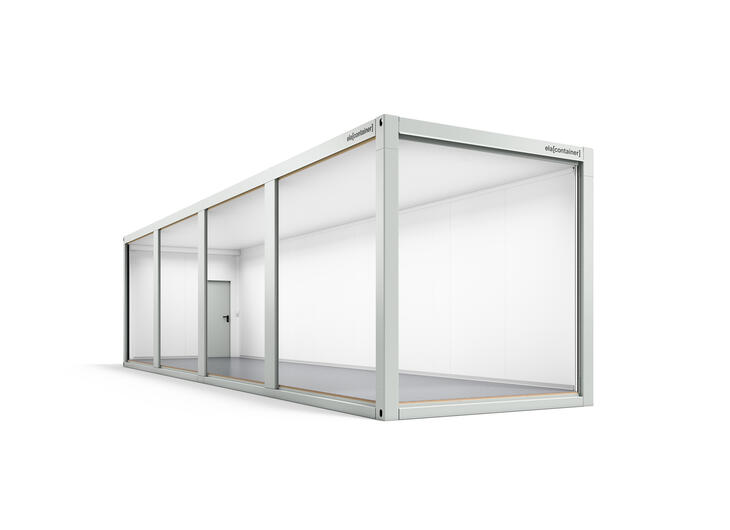 Leichtbaucontainer nach Maß in 12 × 3 m Innenansicht schräg