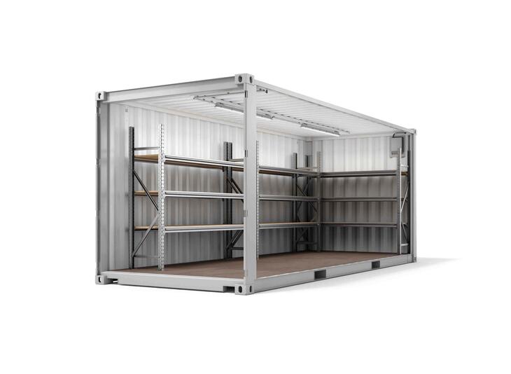 ELA Lagercontainer - Innenansicht schräg auf Regale Lagercontainer Innenansicht schräg auf Regale