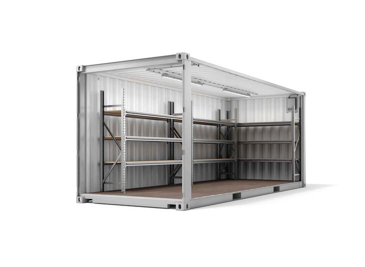 ELA Lagercontainer - Innenansicht schräg auf Regale Lagercontainer Innenansicht schräg auf Regale