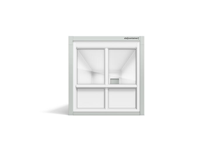Leichtbaucontainer nach Mass in 12 × 3 m Frontansicht mit Fenster