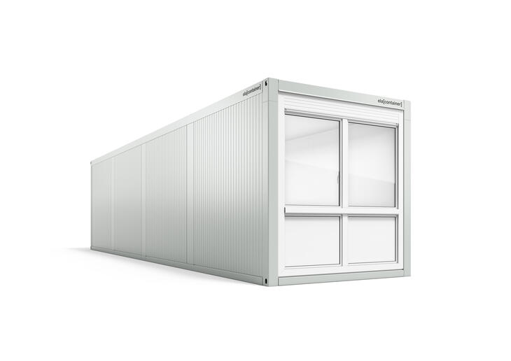 Leichtbaucontainer nach Mass in 12 × 3 m Seitenansicht Schräg Fenster