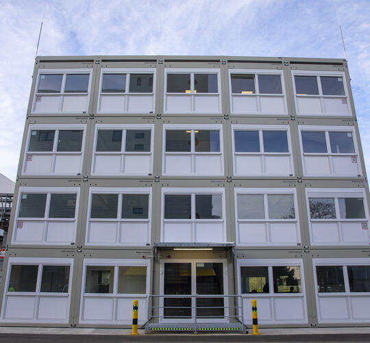 A four-storey container facility made of ELA containers