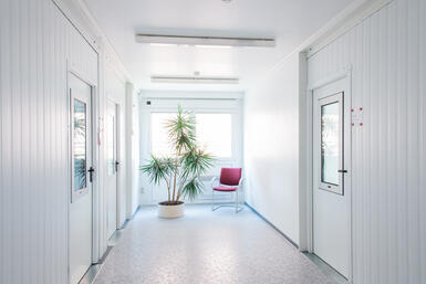 Gang med plante og siddeplads