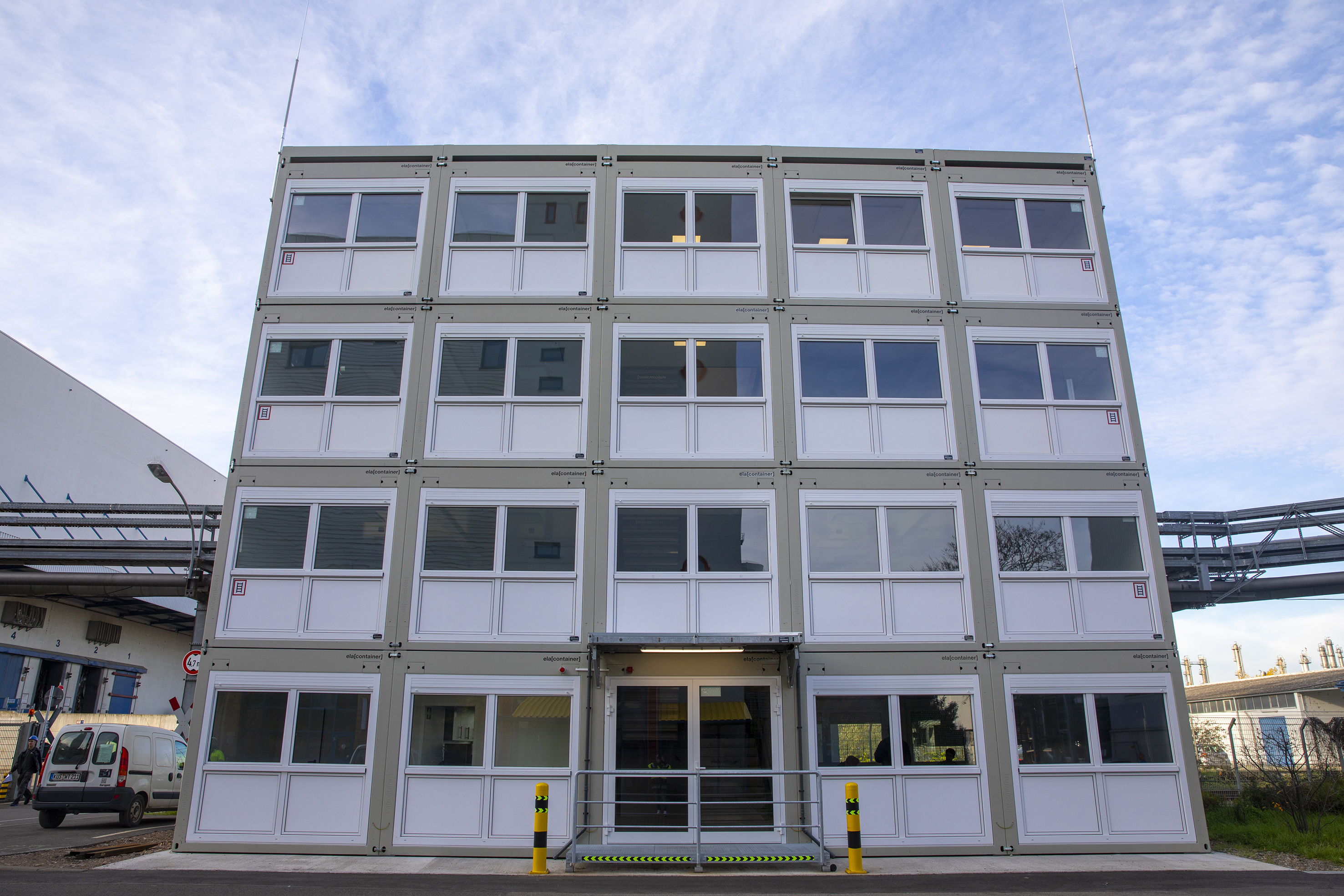 A four-storey container facility made of ELA containers