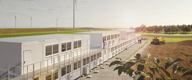 Container facility on the edge of a wind farm