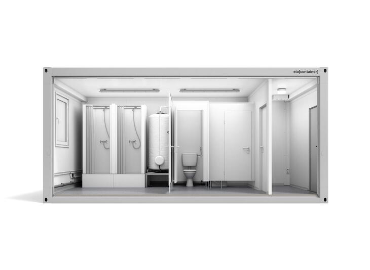 Sanitetsmodul från sidan med toabås och duschar