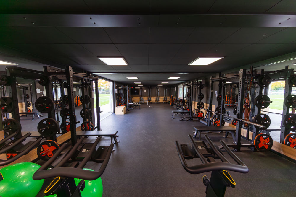 The large athletic performance room includes specialist sports flooring and provides space for strength and conditioning exercises.
