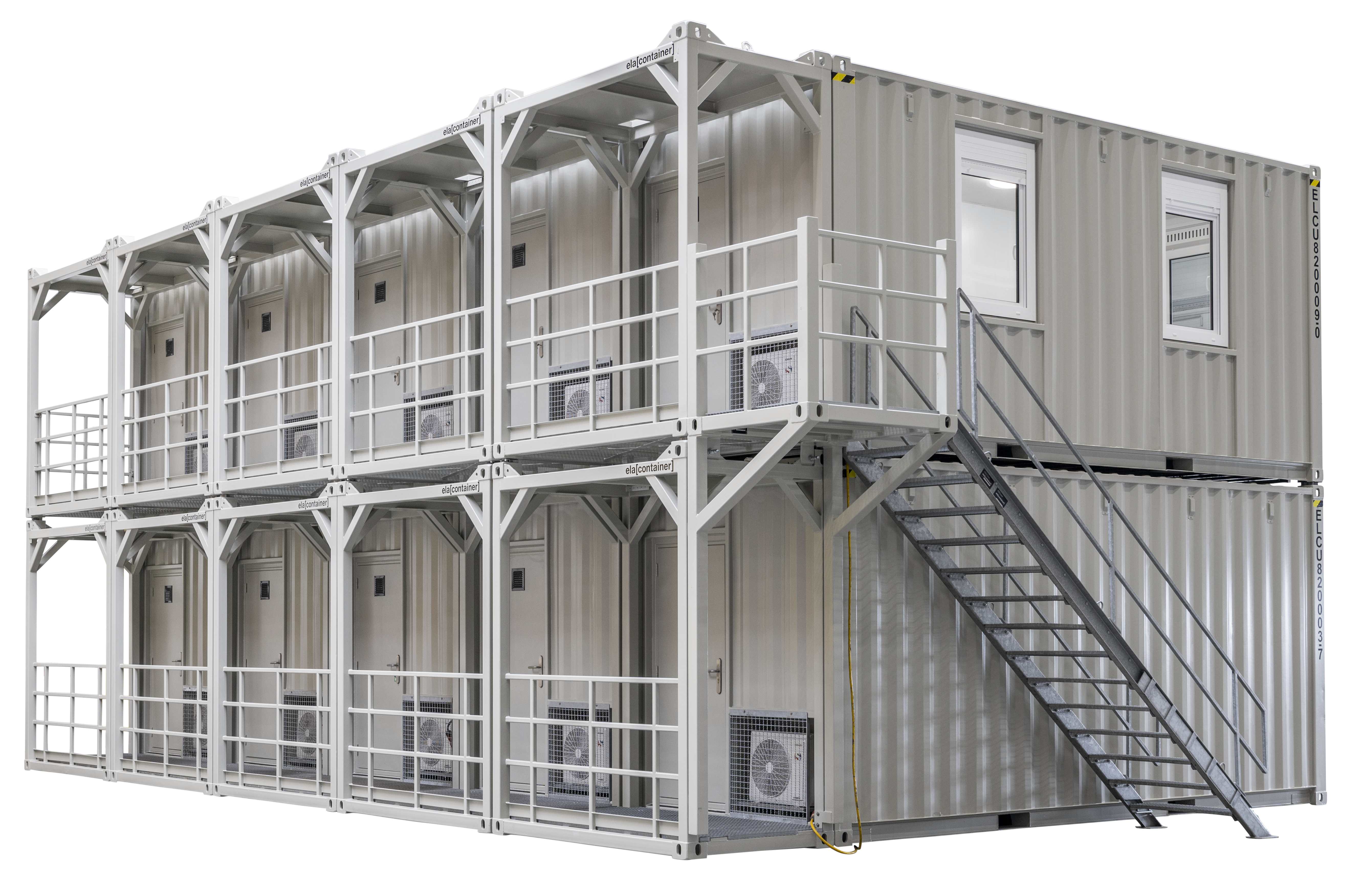 Container combined into a system with gangways and stairs