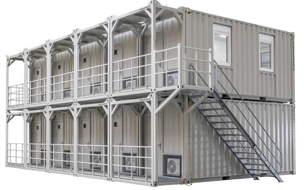 Container combined into a system with gangways and stairs
