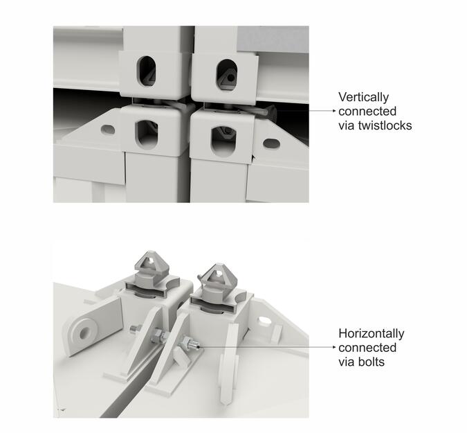 Montage mit Twistlocks und Bolzen